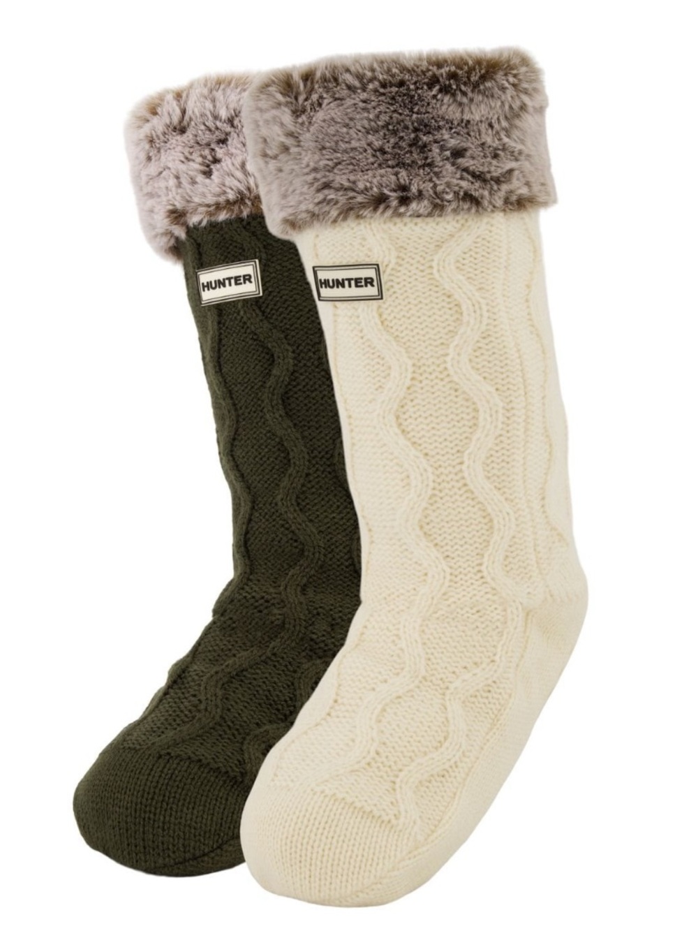 Hunter Plush-Cuff Cable Knit Slipper Socks in Cream & Olive